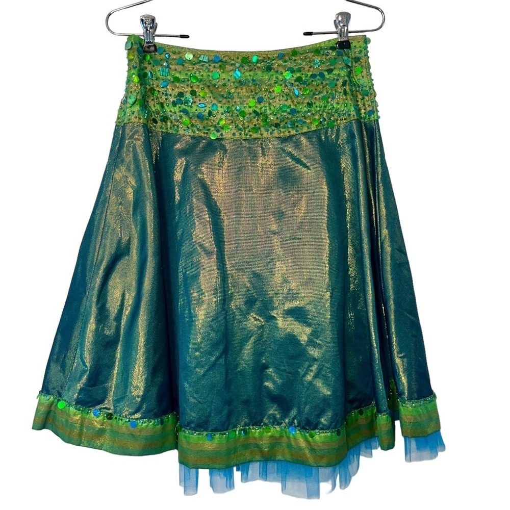 Basil & Maude Iridescent Green Blue Sequin Mermaid Beaded Skirt Sz 2 A Line